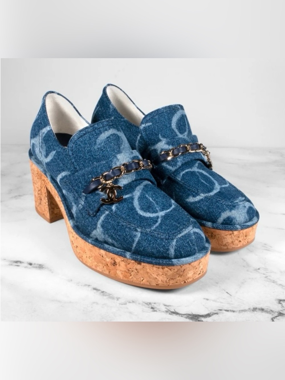 Chanel Authentic Blue Denim Cork-Platform Loafers